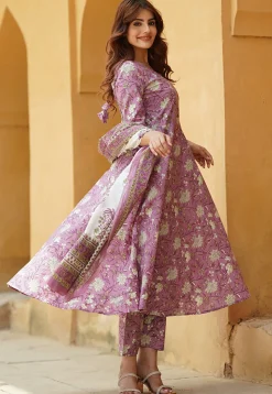 Printed Pure Cotton Aline Suit in Purple
