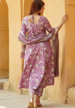 Printed Pure Cotton Aline Suit in Purple