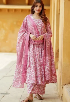 Printed Pure Cotton Aline Suit in Pink and White