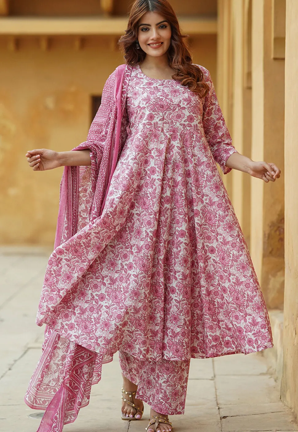Printed Pure Cotton Aline Suit in Pink and White