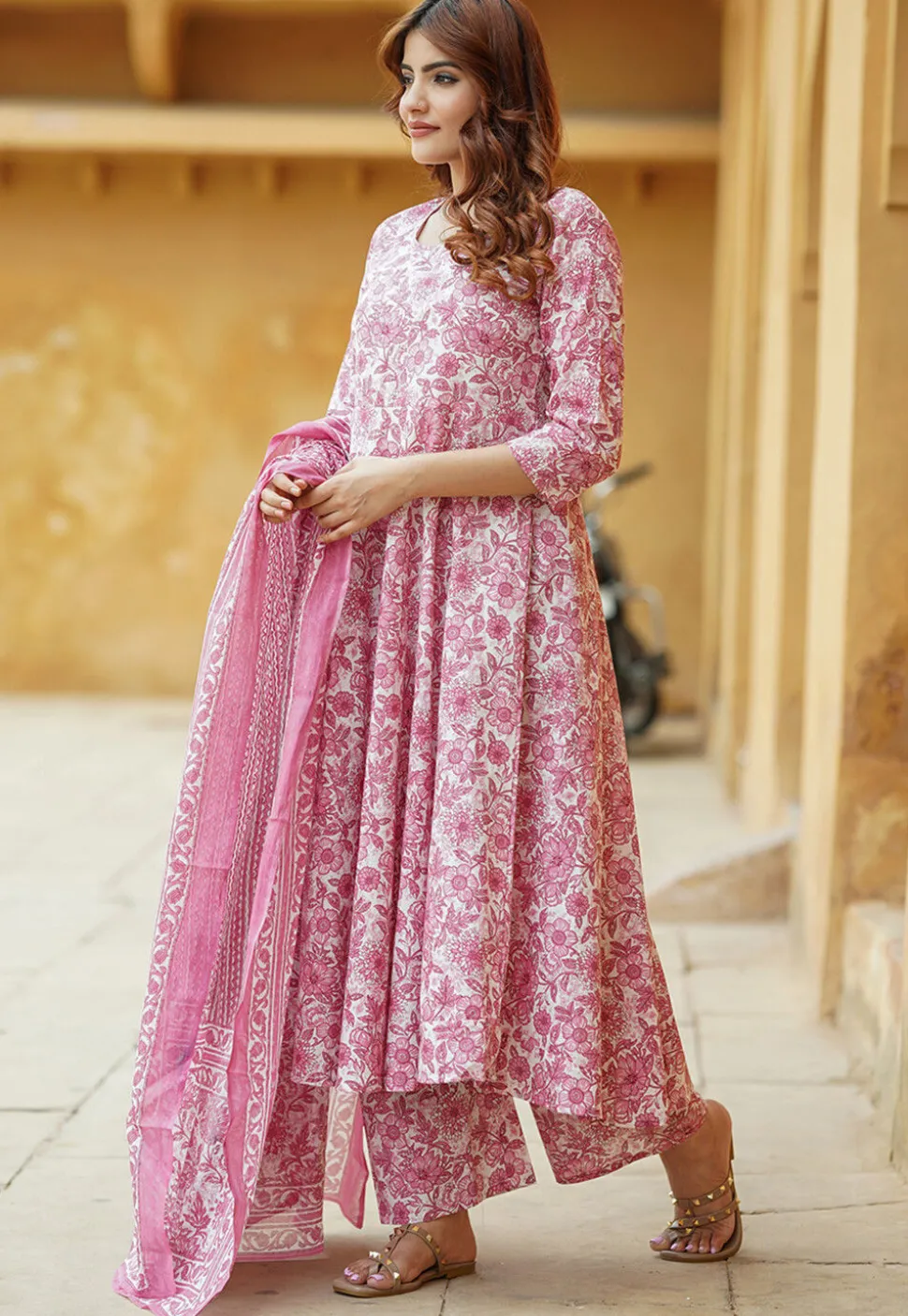 Printed Pure Cotton Aline Suit in Pink and White