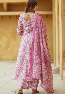 Printed Pure Cotton Aline Suit in Pink and White