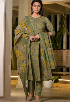 Printed Pure Cotton Aline Suit in Green