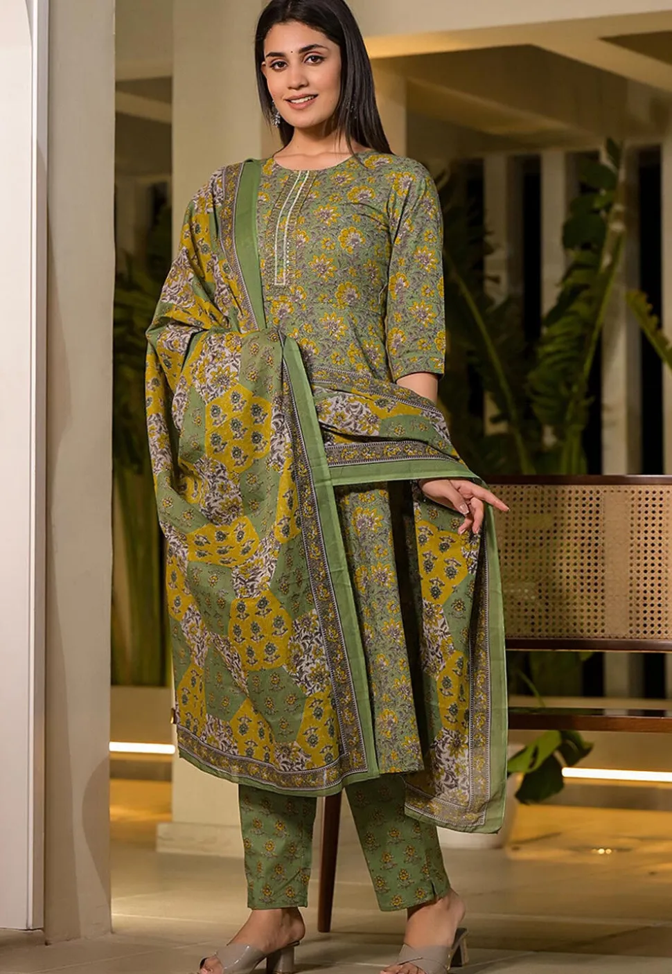 Printed Pure Cotton Aline Suit in Green