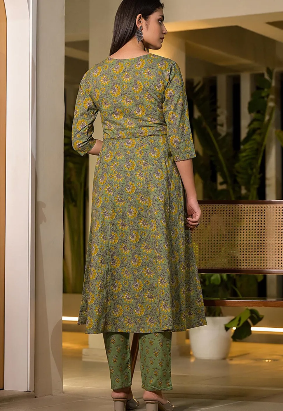 Printed Pure Cotton Aline Suit in Green