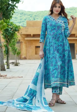 Printed Pure Cotton Aline Suit in Blue