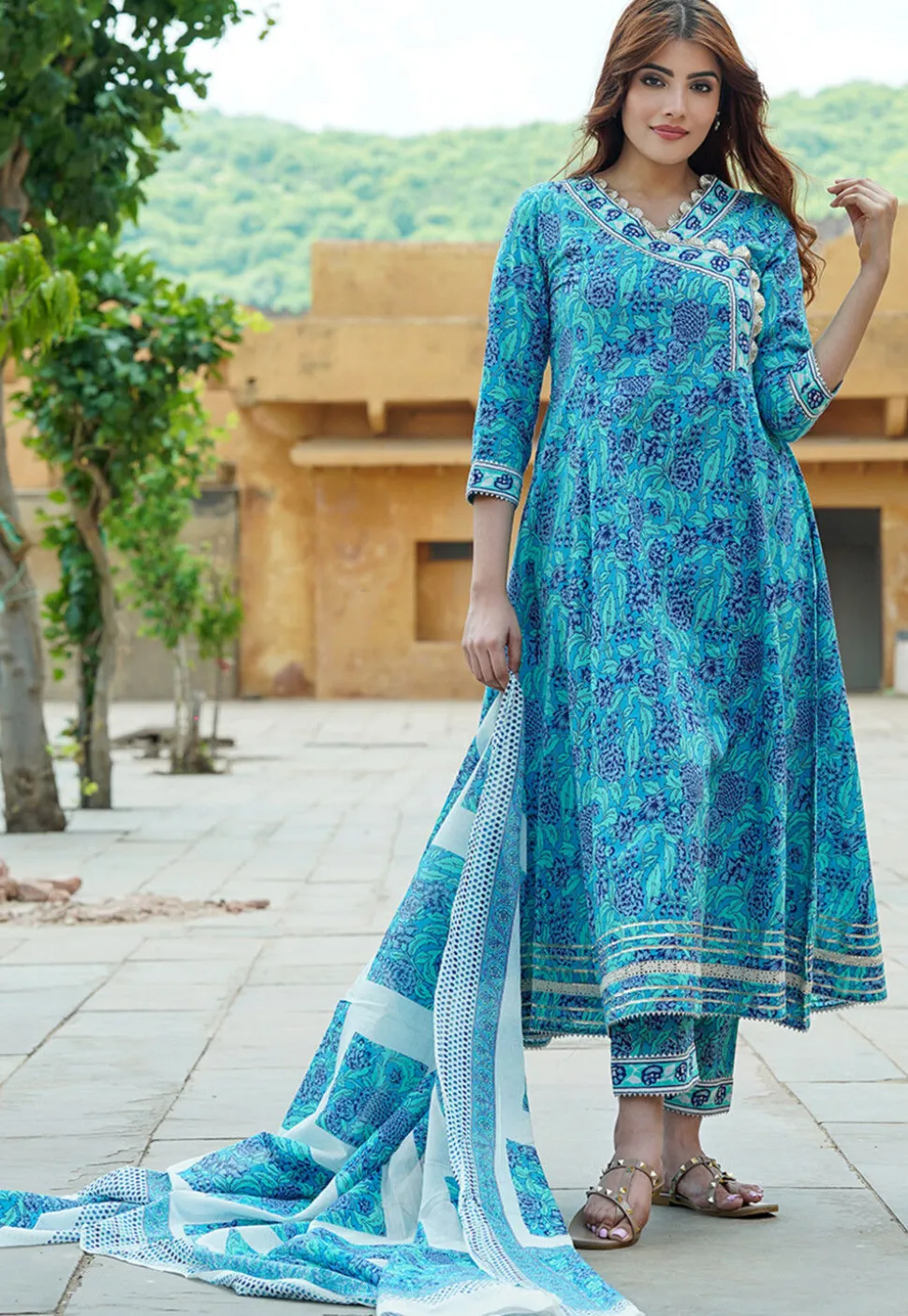 Printed Pure Cotton Aline Suit in Blue