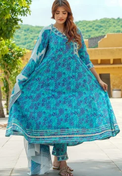 Printed Pure Cotton Aline Suit in Blue