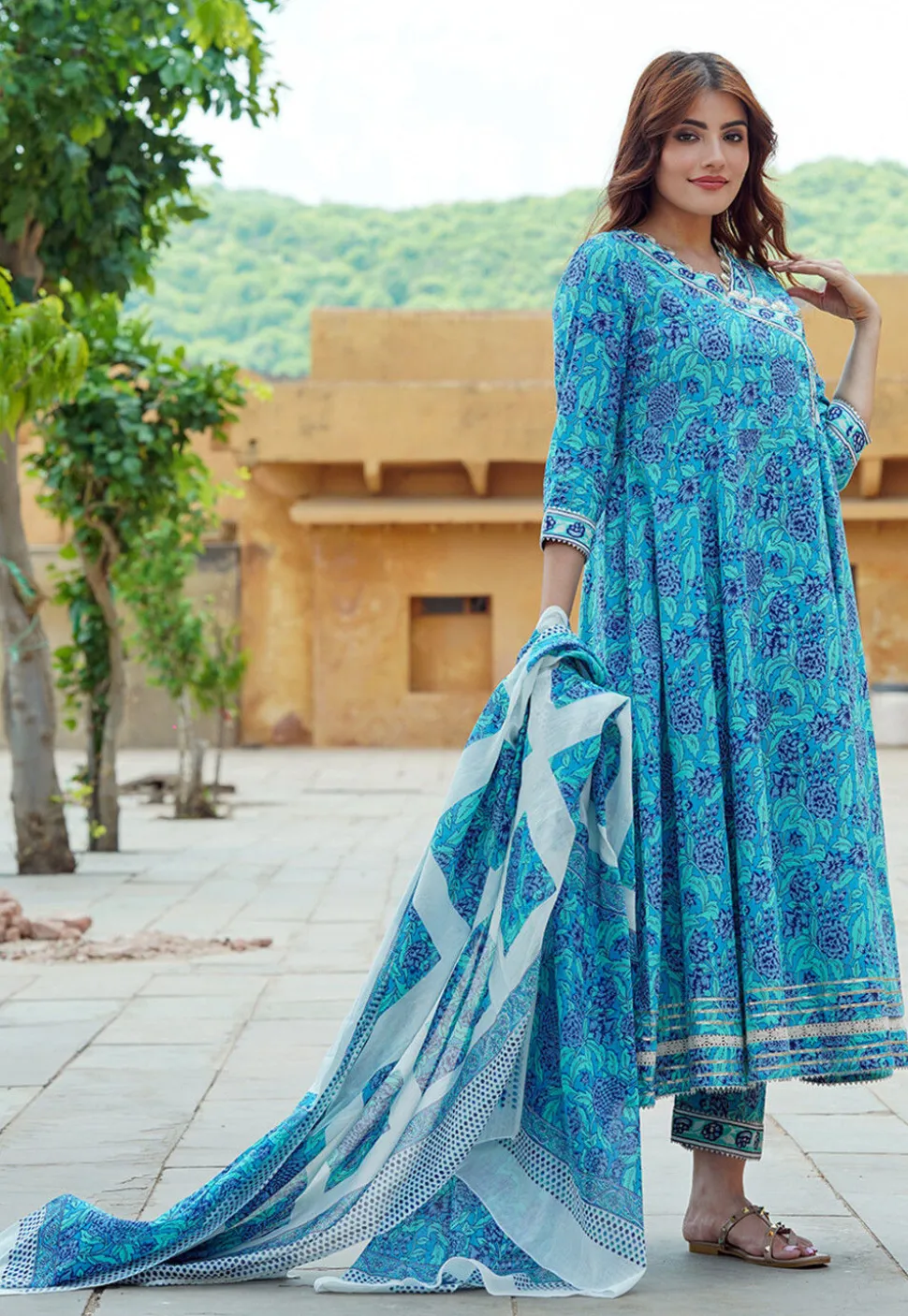 Printed Pure Cotton Aline Suit in Blue