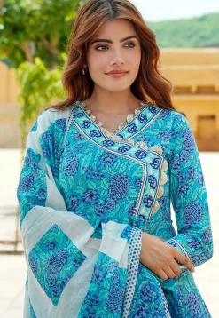 Printed Pure Cotton Aline Suit in Blue