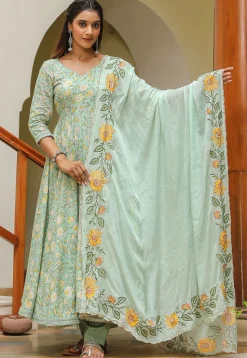 Printed Pure Cotton Aline Suit in Pastel Green