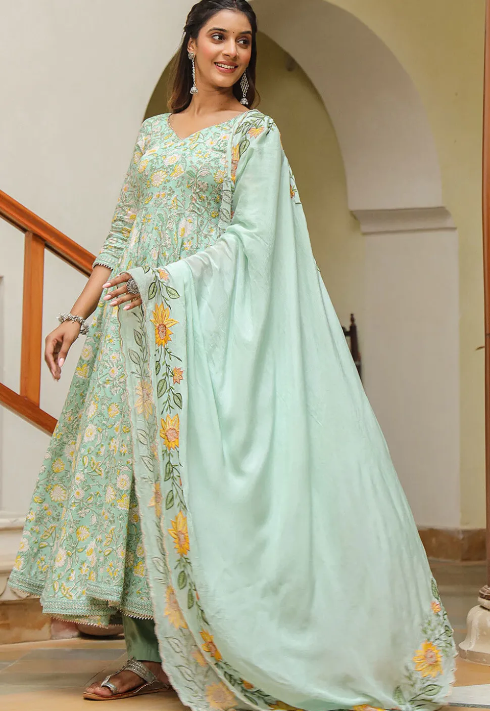 Printed Pure Cotton Aline Suit in Pastel Green