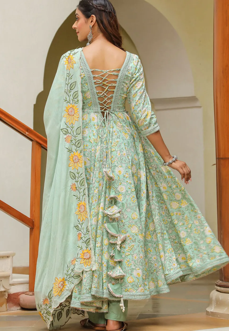 Printed Pure Cotton Aline Suit in Pastel Green