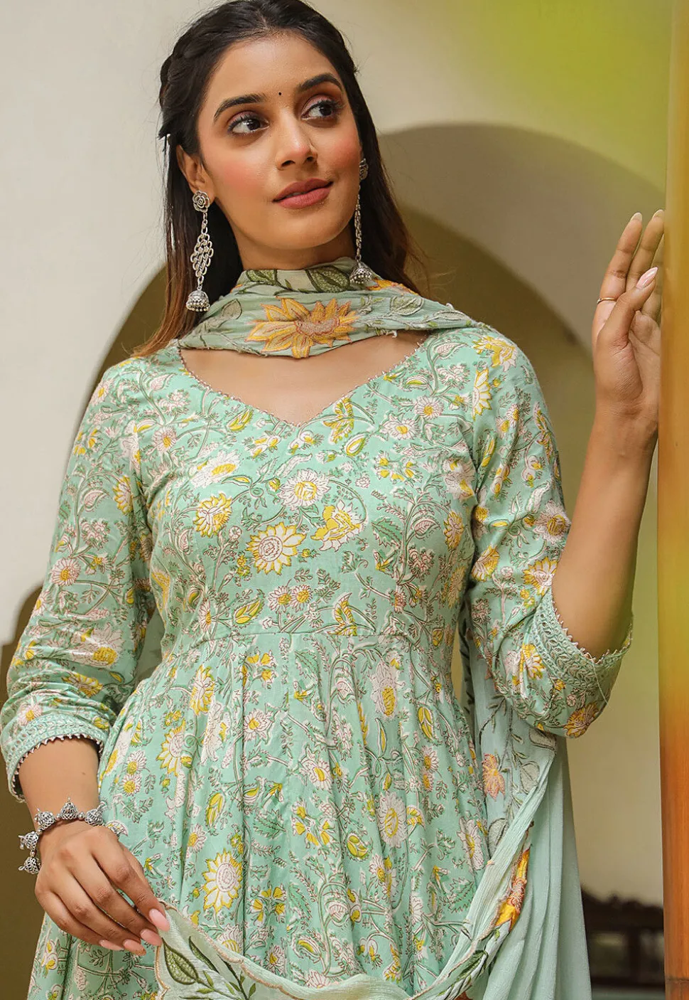 Printed Pure Cotton Aline Suit in Pastel Green