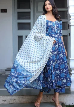 Printed Pure Cotton Aline Suit in Navy Blue