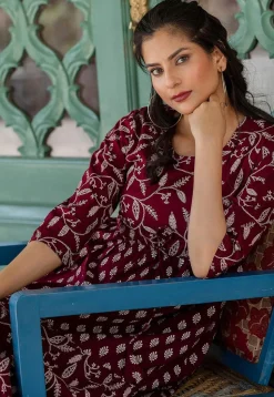 Printed Pure Cotton Aline Dress in Wine