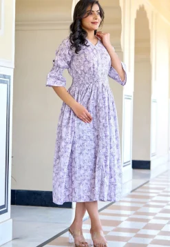 Printed Pure Cotton Aline Dress in Light Purple