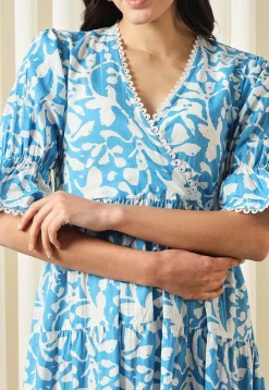 Printed Pure Cotton Aline Dress in Blue