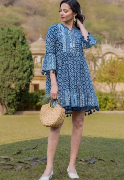 Printed Pure Cotton Aline Dress in Royal Blue