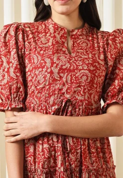 Printed Pure Cotton Aline Dress in Red