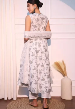Printed Pure Cotton Aline Suit in Off White