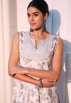 Printed Pure Cotton Aline Suit in Off White