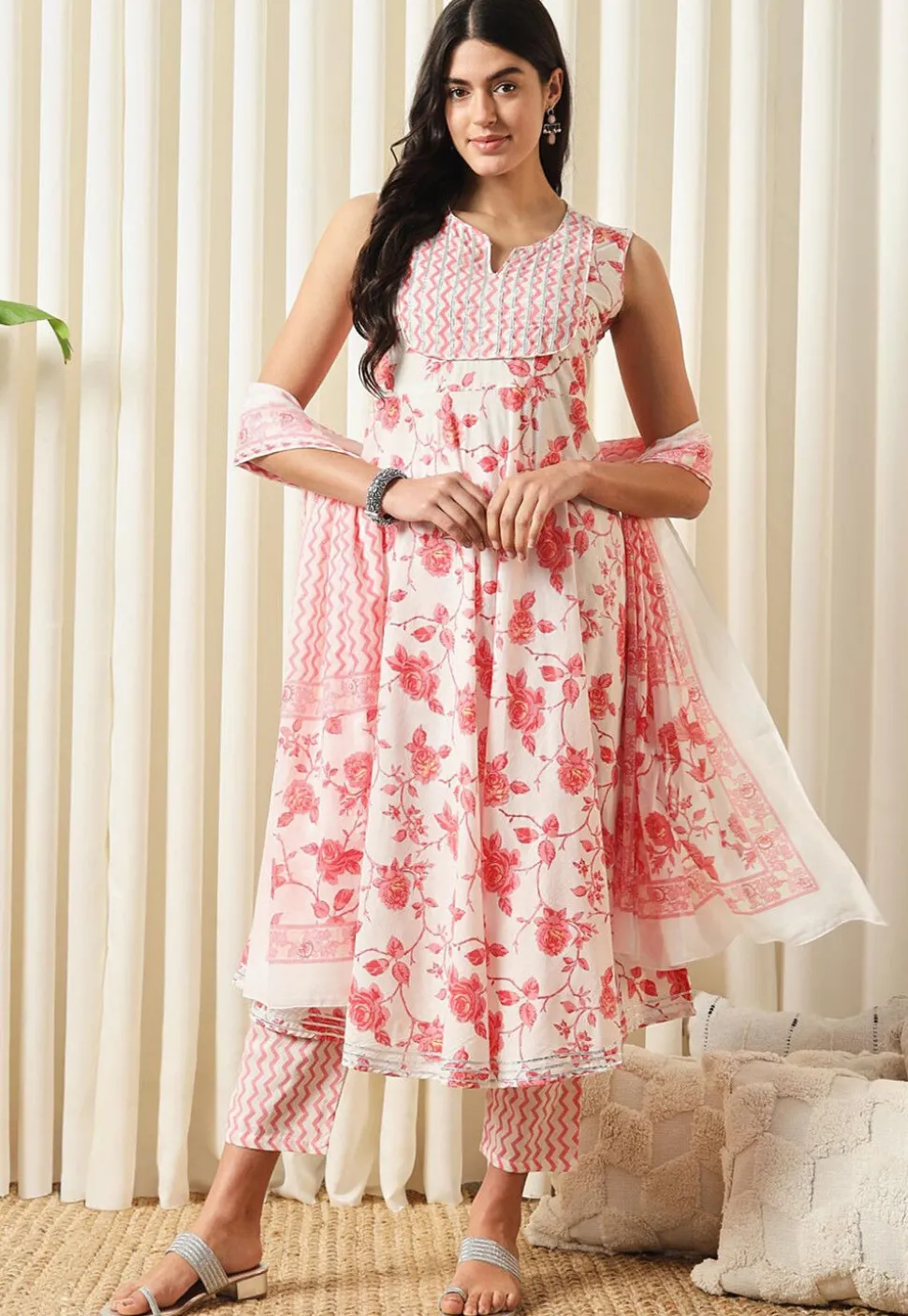 Printed Pure Cotton Aline Suit in White and Red