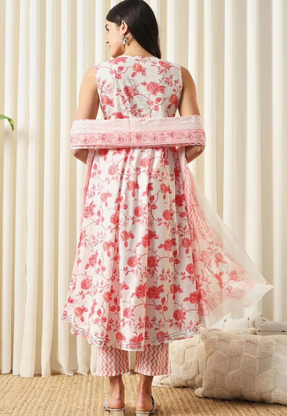 Printed Pure Cotton Aline Suit in White and Red