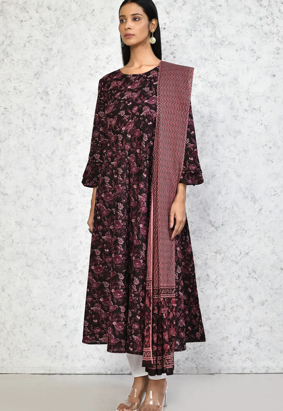 Printed Pure Cotton Aline Suit in Wine