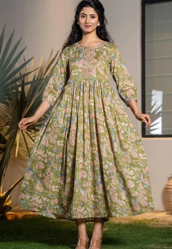 Printed Pure Cotton Aline Dress in Green