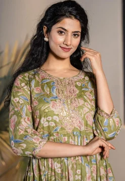 Printed Pure Cotton Aline Dress in Green