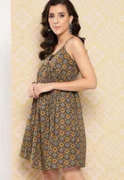 Printed Pure Cotton Aline Dress in Brown