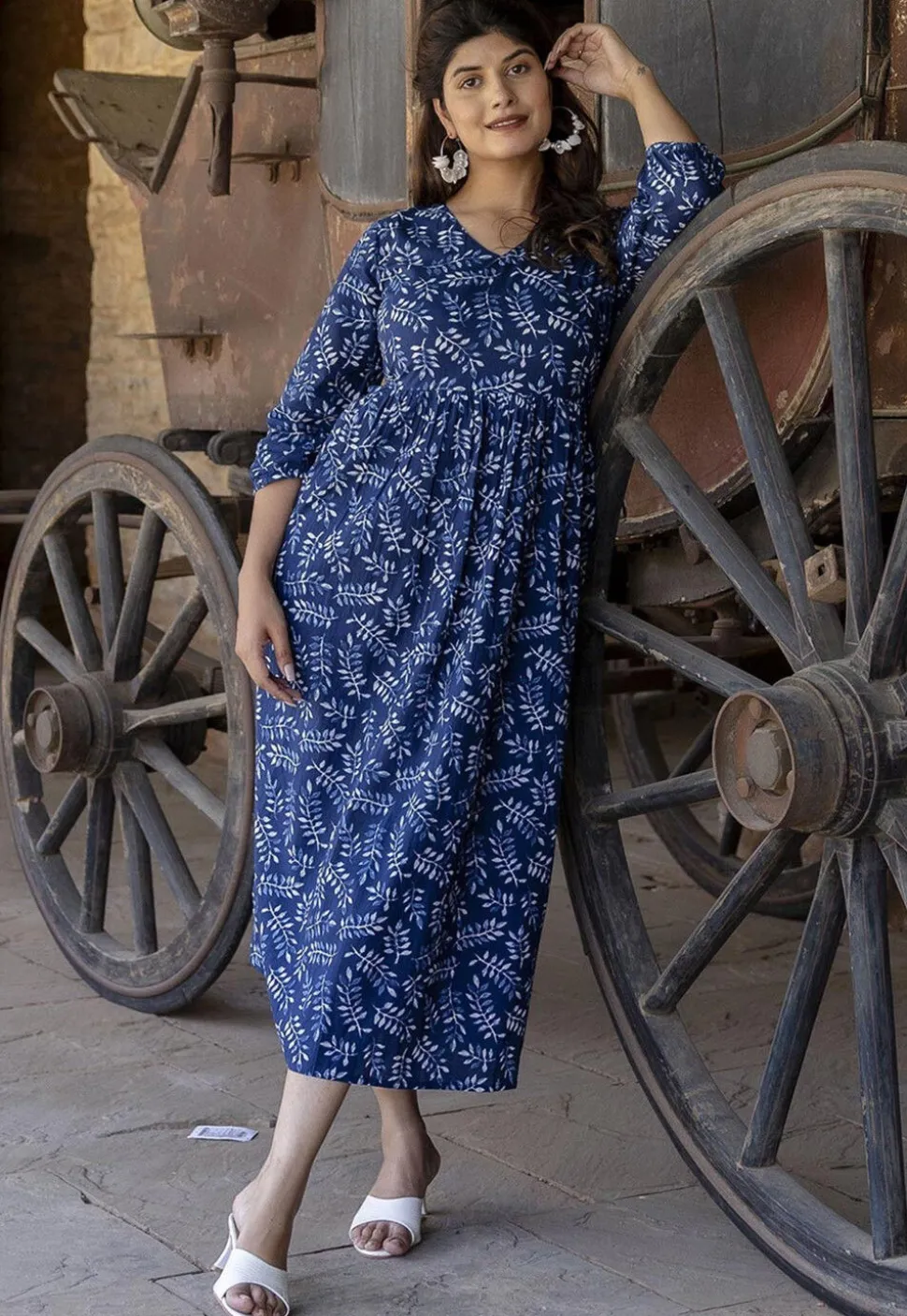 Printed Pure Cotton Aline Dress in Navy Blue