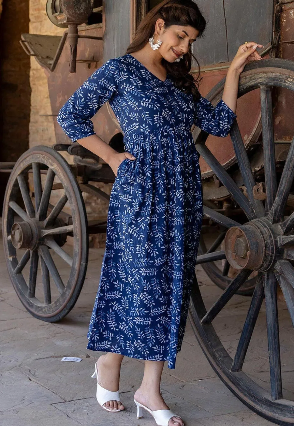 Printed Pure Cotton Aline Dress in Navy Blue