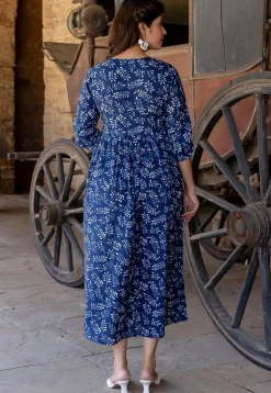 Printed Pure Cotton Aline Dress in Navy Blue