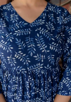 Printed Pure Cotton Aline Dress in Navy Blue