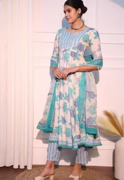 Printed Pure Cotton Aline Suit in White