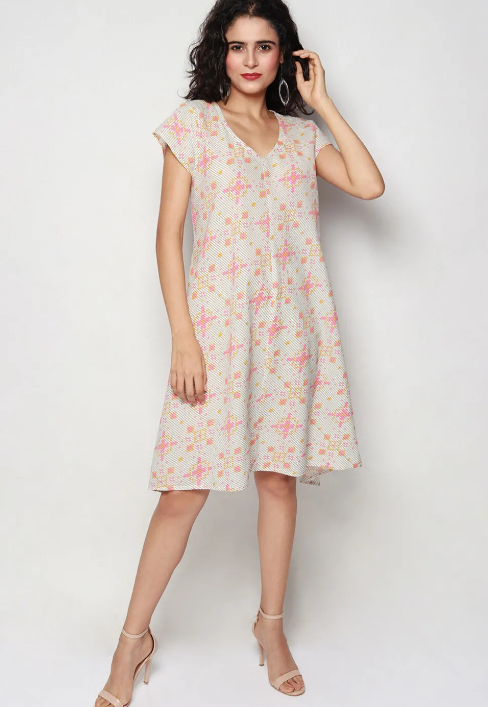 Printed Pure Cotton Aline Dress in Off White