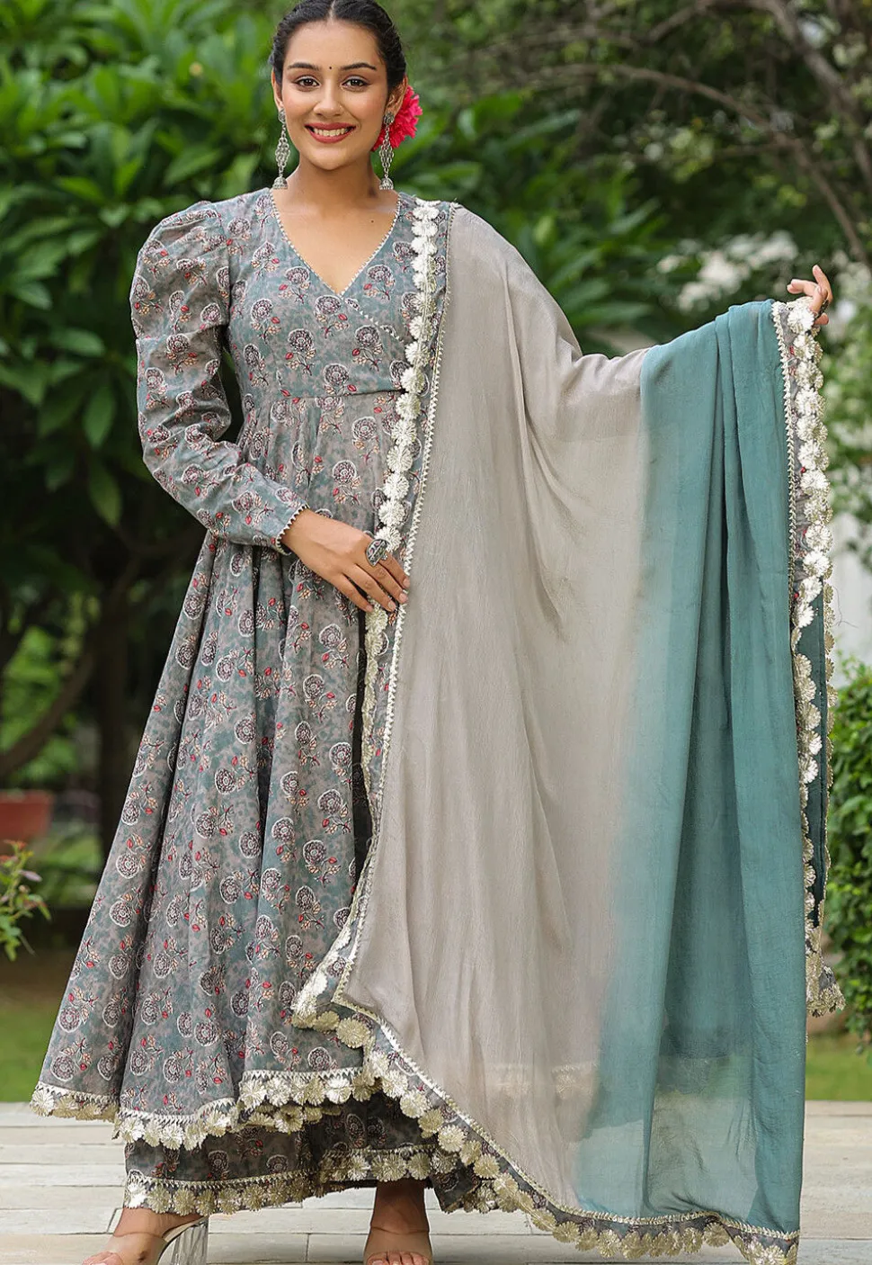 Printed Pure Cotton Aline Suit in Grey