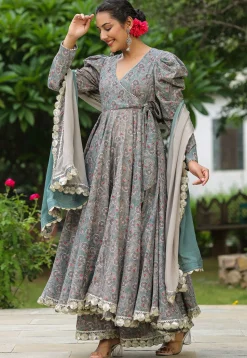 Printed Pure Cotton Aline Suit in Grey