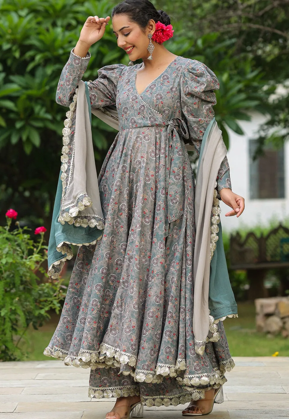 Printed Pure Cotton Aline Suit in Grey