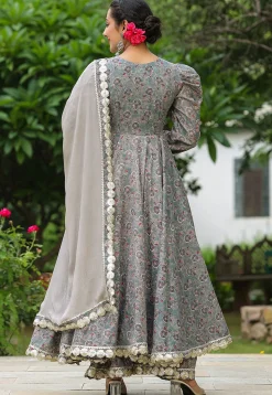 Printed Pure Cotton Aline Suit in Grey