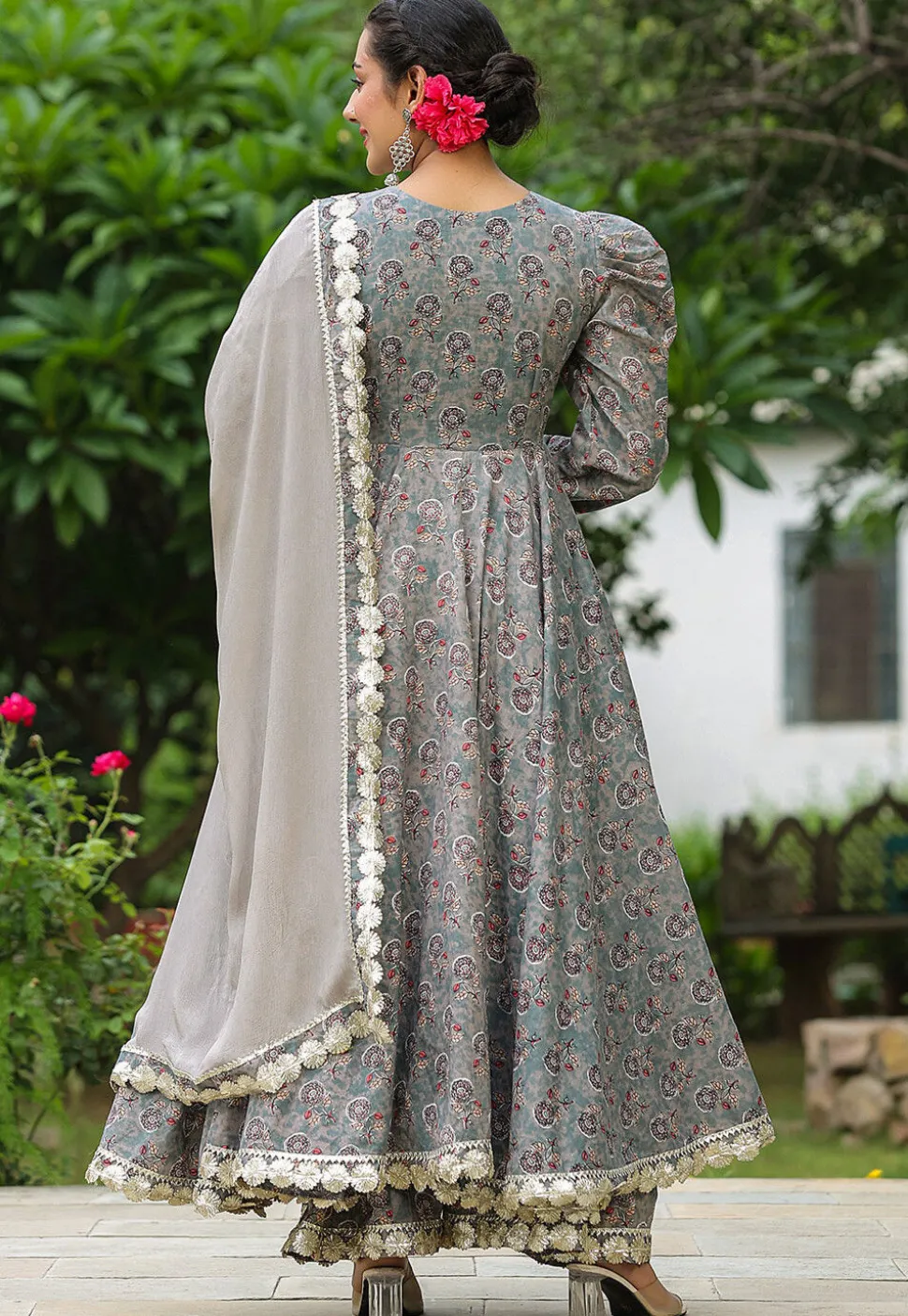 Printed Pure Cotton Aline Suit in Grey