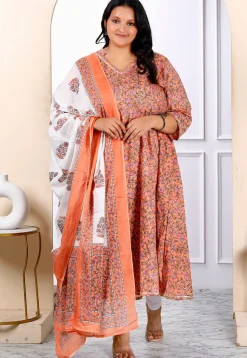 Printed Pure Cotton Aline Suit in Orange