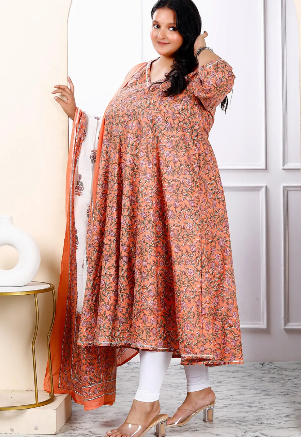 Printed Pure Cotton Aline Suit in Orange