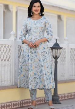 Printed Pure Cotton Aline Suit in Sky Blue