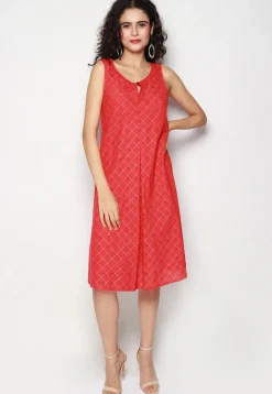 Printed Pure Cotton Aline Dress in Red