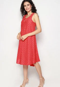 Printed Pure Cotton Aline Dress in Red