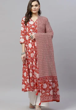 Printed Pure Cotton Aline Suit in Red