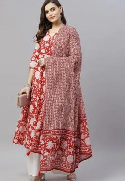 Printed Pure Cotton Aline Suit in Red